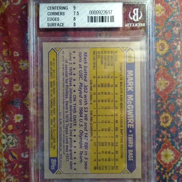 1987 Topps number 366 Mark McGwire - Picture 2 of 2